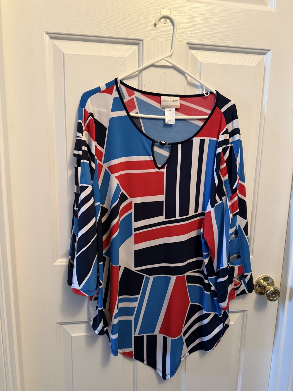 Alfred Dunner Red Blue Navy Geo-Pattern Tunic Top